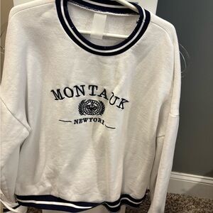 White Crew Neck Sweater with Navy Accents